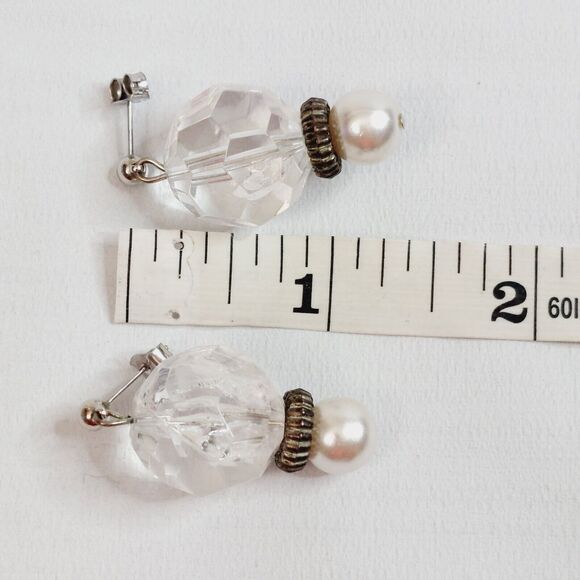 Chunky Dangle Earrings White Faux Pearl Fun Clear Faceted Bead Party Date Night - Picture 4 of 5